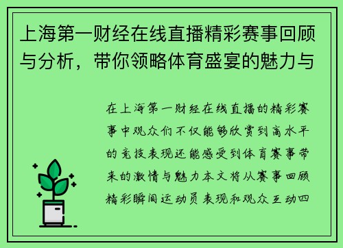 上海第一财经在线直播精彩赛事回顾与分析，带你领略体育盛宴的魅力与激情